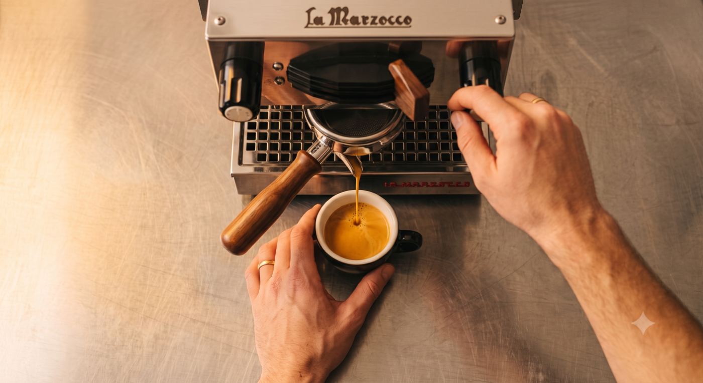 Espresso wird an der Siebträgermaschine gezogen