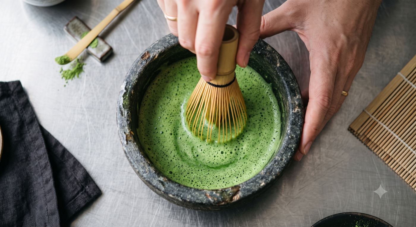 Matcha wird mit Bambusbesen aufgeschlagen